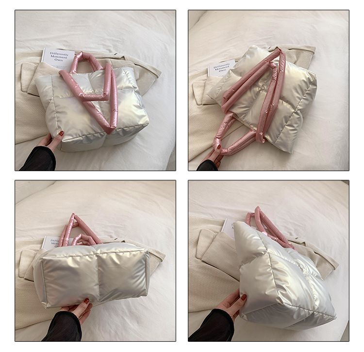 Feather Padded Ladies Quilted Shoulder Bag Women Large Capacity Tote Bags Space Cotton Luxury Brand Handbag Shopper Bag_voghion.com