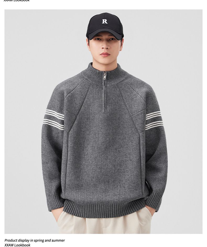 Retro Stand Collar Zip-Up Knit Sweater – Unisex Streetwear Pullover (M-3XL, Relaxed Fit, Vintage Aesthetic)_voghion.com