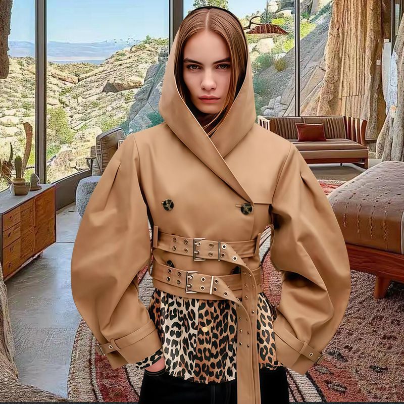 Elegante trench color cachi da donna con cappuccio - Giacca a vento casual in poliestere leggero, giacca ampia a maniche lunghe per autunno e primavera (S-XL)_voghion.com