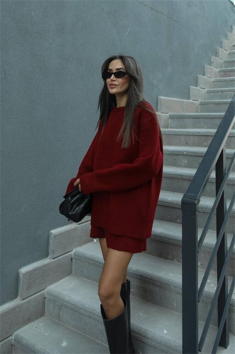 Set van oversized gebreide trui en minirok voor dames (ademend polyester, grijs/beige/rood/zwart/karamel, S/M/L/XL, streetwear)_voghion.com
