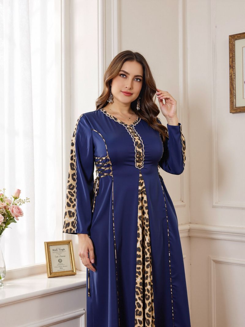 Elegante abito abaya musulmano da donna con finiture leopardate – Abito lungo a maniche lunghe e sobrio per donna, taglie forti 0XL-5XL_voghion.com