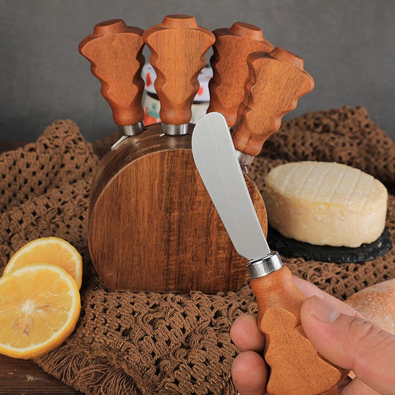 Christmas Tree Handle Acacia Wood Cheese Knife And Fork 6-Piece Set With Wooden Stand_voghion.com