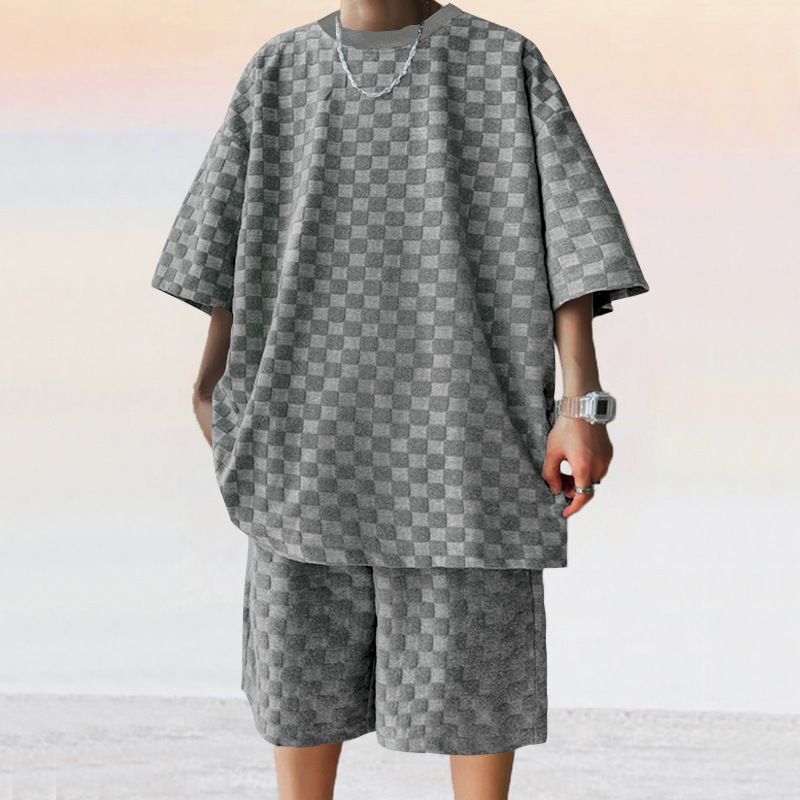 2025 American Oversize Trendy Men's Checkerboard Spring Summer Loose Sports Casual Two-Piece Set_voghion.com