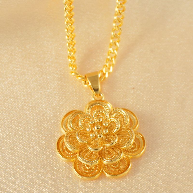 Elegantes 2-teiliges Schmuckset, luxuriöse Halskette mit vergoldetem Blumenanhänger und Ohrringen aus Kupfergold_voghion.com