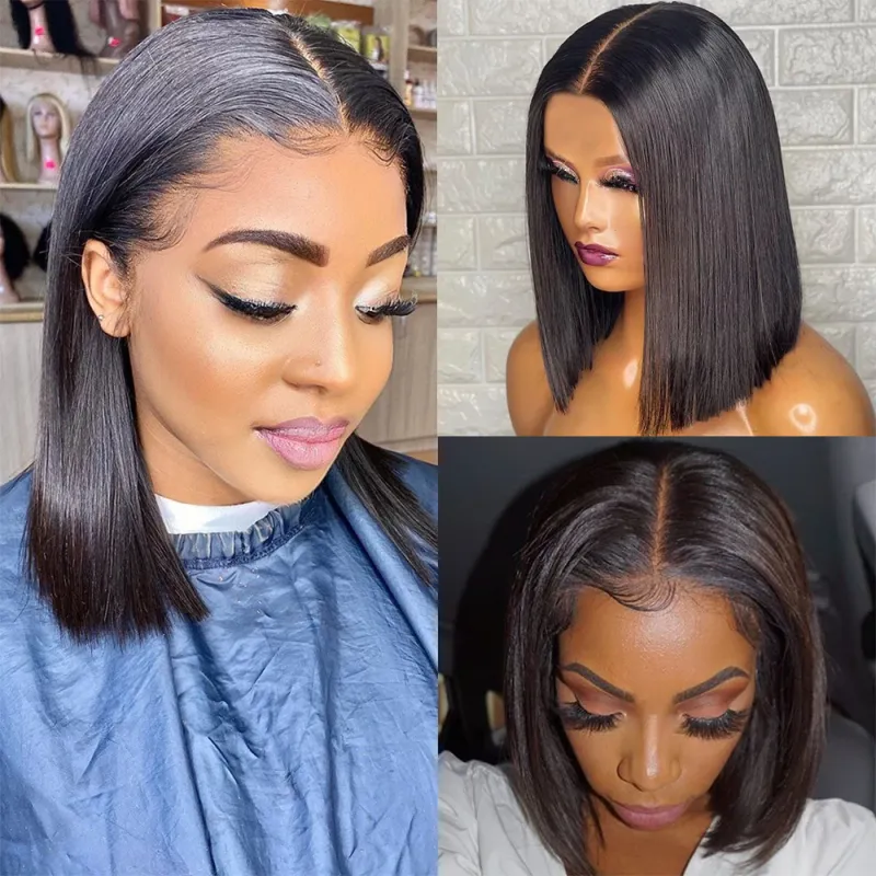 Kurze Bob-Ombre-Perücken aus Echthaar, blond, glatt, mit Spitzenfront_voghion.com