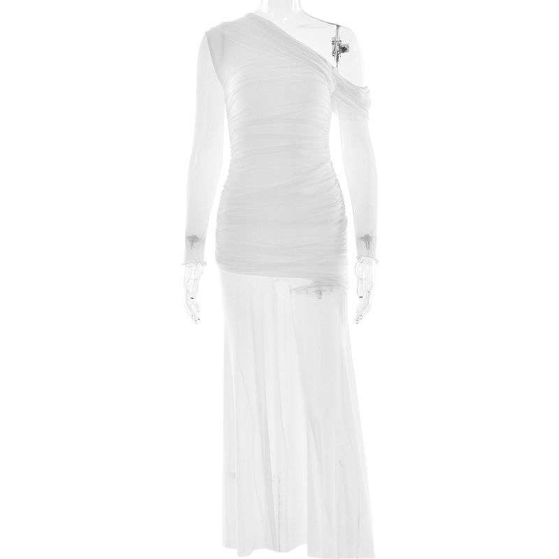 Abito lungo con volant in rete e spalle scoperte – Elegante abito aderente a maniche lunghe con pannelli trasparenti (S/M/L) – Trendy e femminile_voghion.com