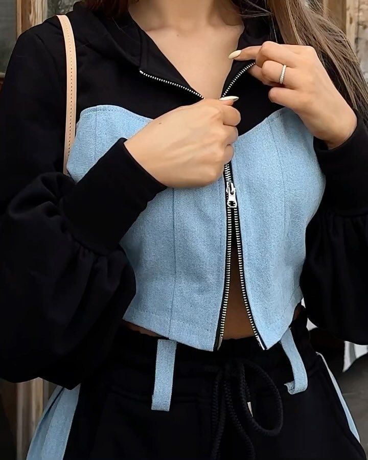 Ropa de mujer, nuevo estilo, moda informal, suéter, traje, mezclilla, empalme, capucha, pantalones, traje de dos piezas, ropa de mujer_voghion.com