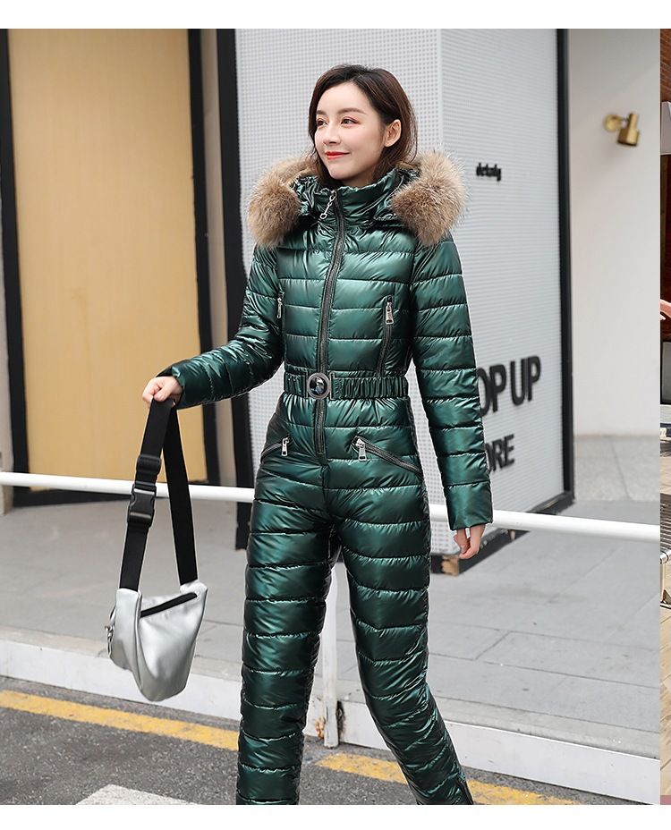 Women's Clothing Women's Silver Ski Suit With Natural Raccoon Fur Hood – Warm Winter One-Piece Puffer Coat For Snow Sports (M-2XL)_voghion.com