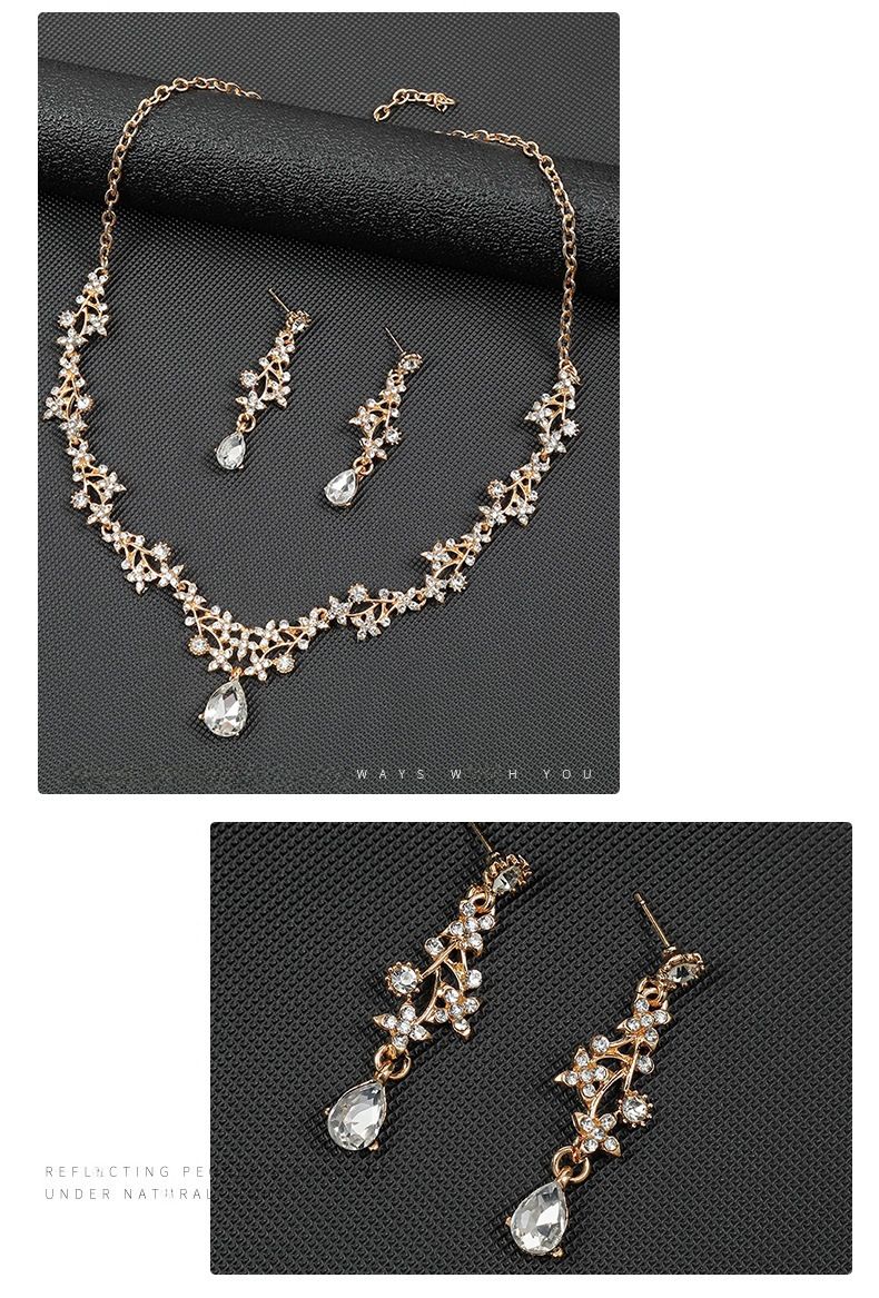 Factory Direct Korean bridal necklace earrings two-piece set women's short drop-shaped pendant elegant all-match clavicle chain_voghion.com