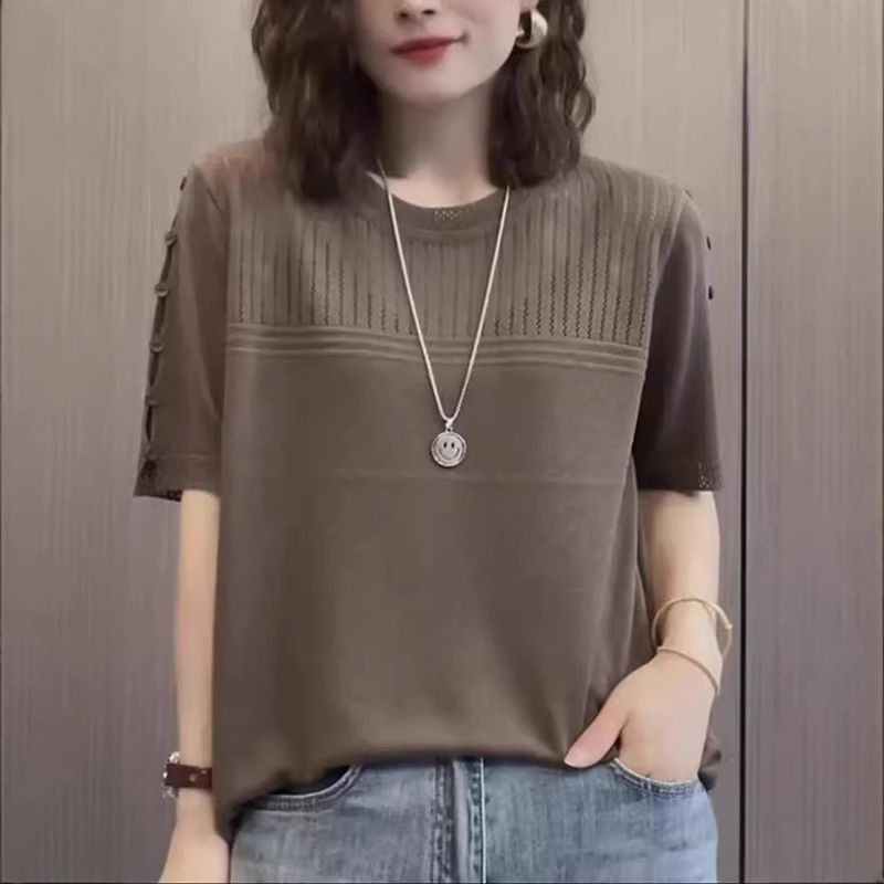 T-shirt court en soie glacée pour femme, col rond, manches mi-longues, style occidental, nouveauté été 2025_voghion.com