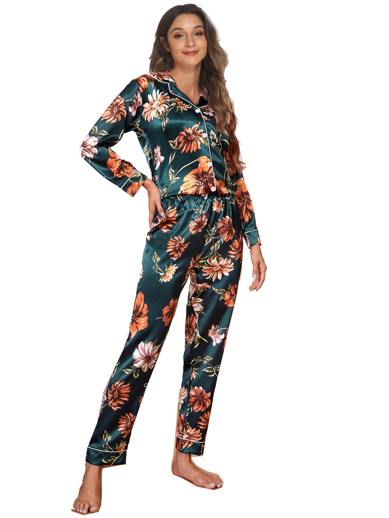 Home wear suit pajamas women's satin cardigan long sleeve long sleeve autumn new style_voghion.com