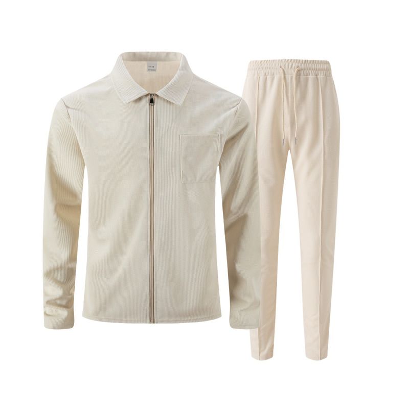 Herren-Waffelstrickjacke mit Reißverschluss, Stehkragen und Taschen – Slim Fit-Freizeitmantel-Set für den Herbst (Schwarz, Grau, Weiß, Khaki, Dunkelgrün, Burgunderrot)_voghion.com