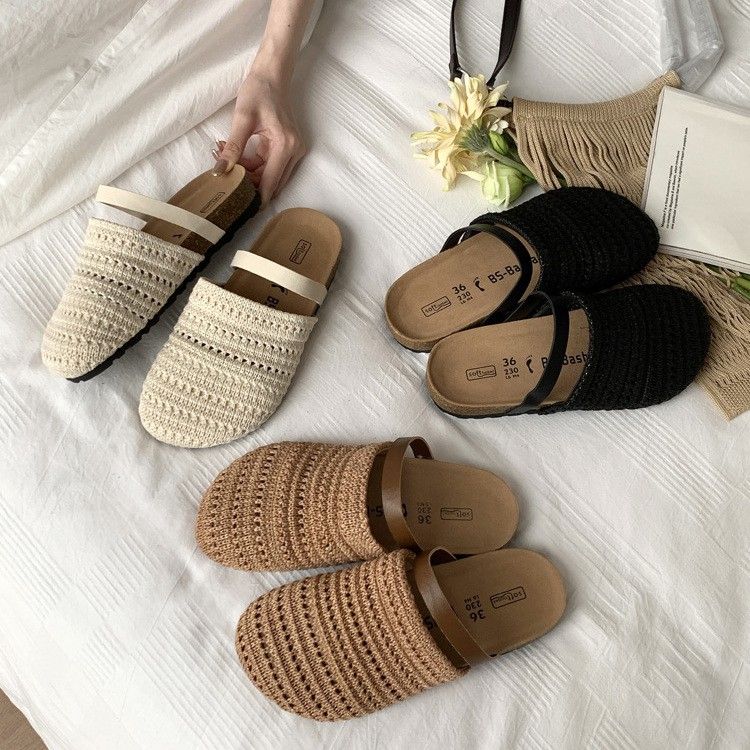 Niche Handmade Woven Closed-Toe Half Slippers Summer Outdoor Korean Style Thick-Soled Slip-On Lazy Mules Single Shoes_voghion.com