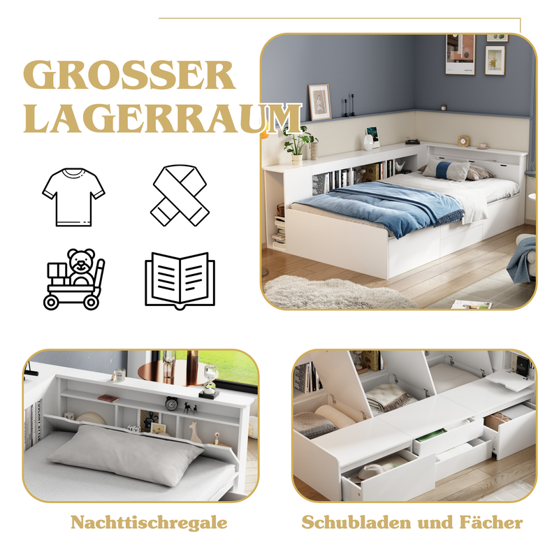 Lit enfant 90 x 200 cm, lit simple multifonction avec tiroirs de rangement, bibliothèque, armoire de rangement et compartiment de rangement sous le siège, blanc, matelas non inclus._voghion.com