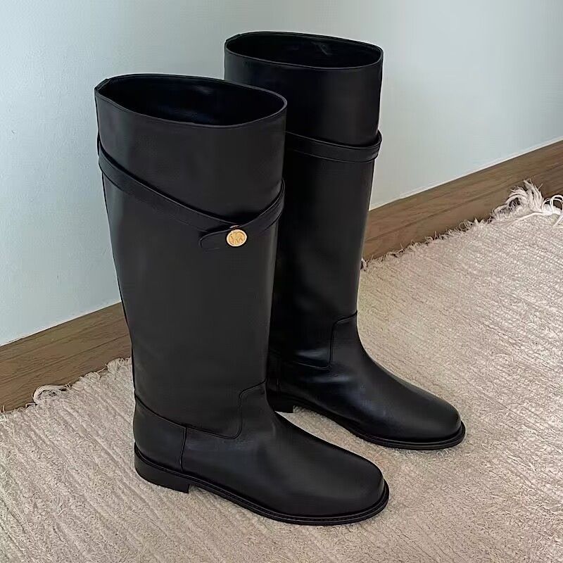 leather Riding Winter Within The High Cylinder Small Gold Buckle Over The Knee Boots_voghion.com