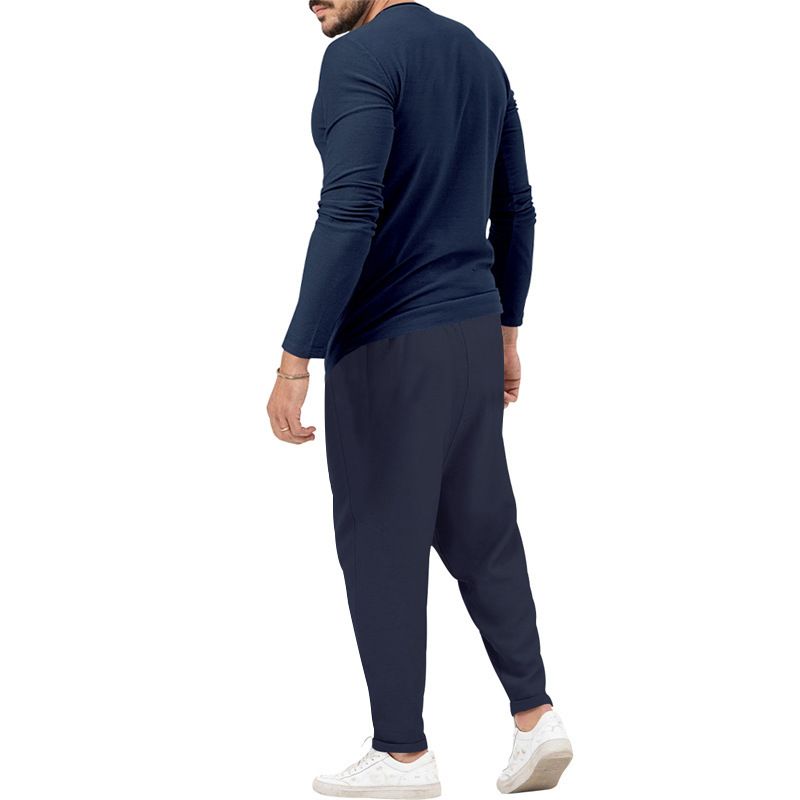 Men's solid color casual long-sleeved Henry T-shirt pantsuit_voghion.com