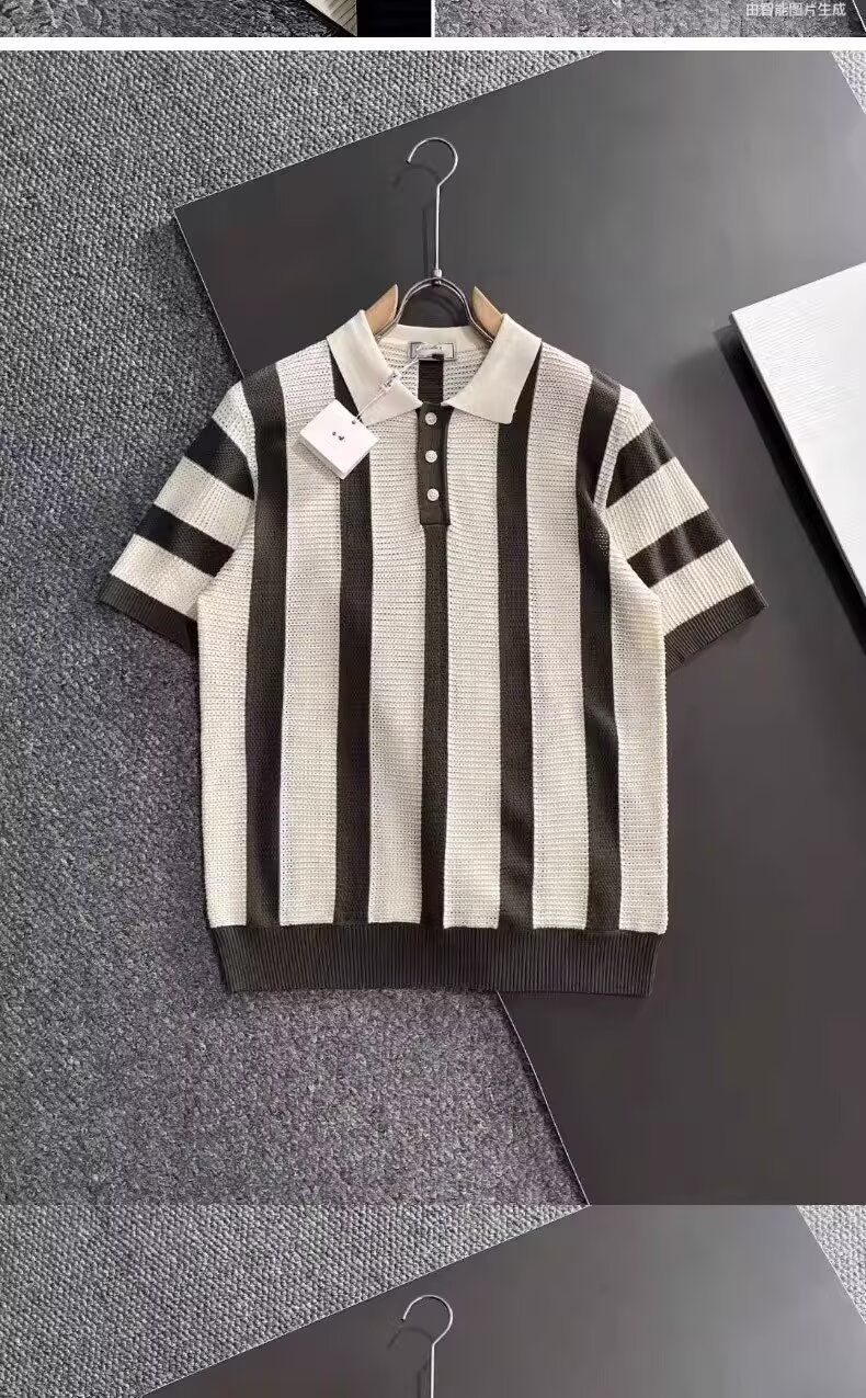 Maglietta a maniche corte a righe in maglia con risvolto a contrasto di colore, traspirante, alla moda e coordinabile._voghion.com