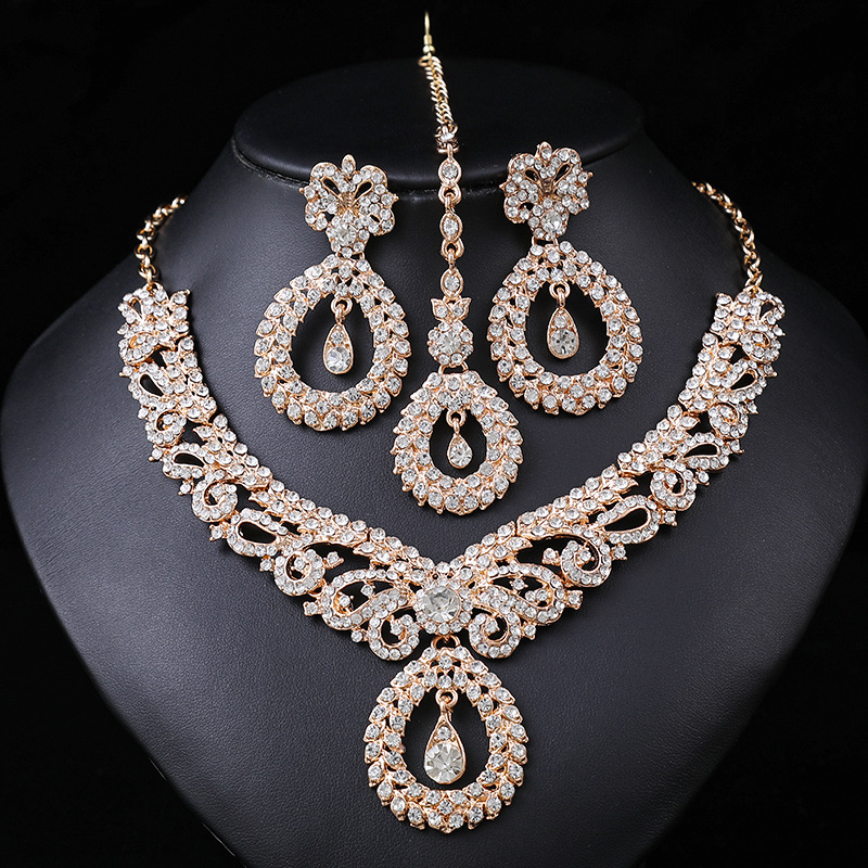 Collana esagerata per accessori da banchetto in cristallo di lusso da donna con catena per colletto, set da tre pezzi_voghion.com