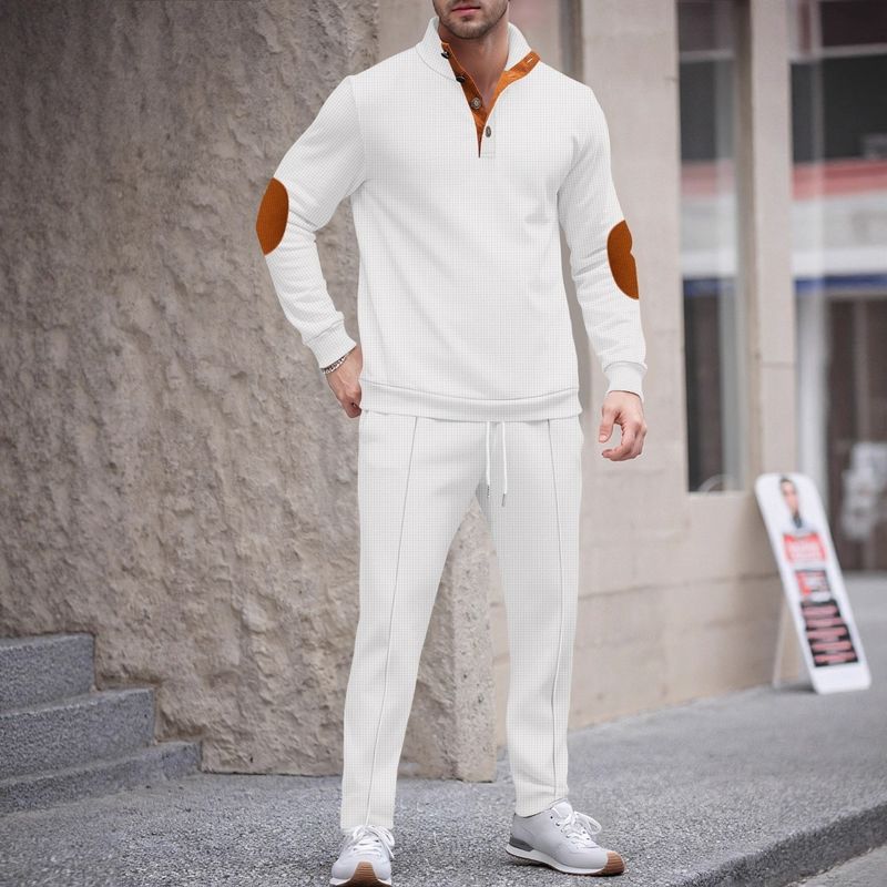 Traje de sudadera de manga larga con cuello alto y botones, coderas y pantalones de estilo americano para hombre, otoño_voghion.com