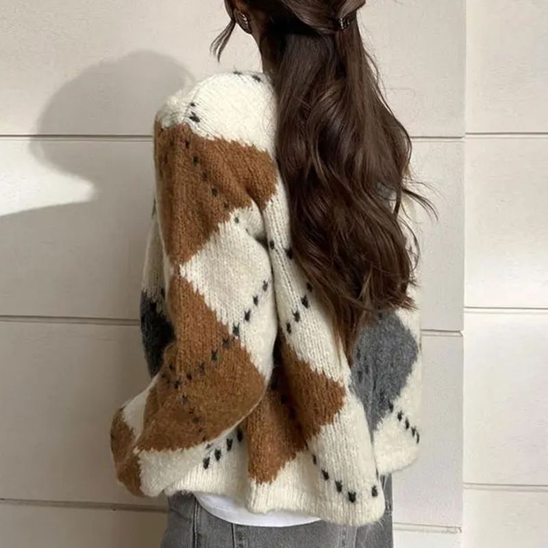 Women's Clothing autumn and winter women's knitted sweaters comfortable and casual diamond pattern single breasted multi button slim knitted cardigan_voghion.com