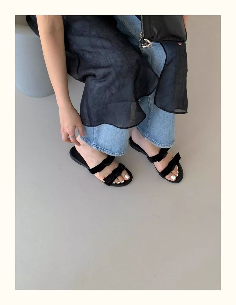 Genuine leather velvet bow double-strap flat sandals for women summer beach wear open-toed round-toed half-slip sandals_voghion.com