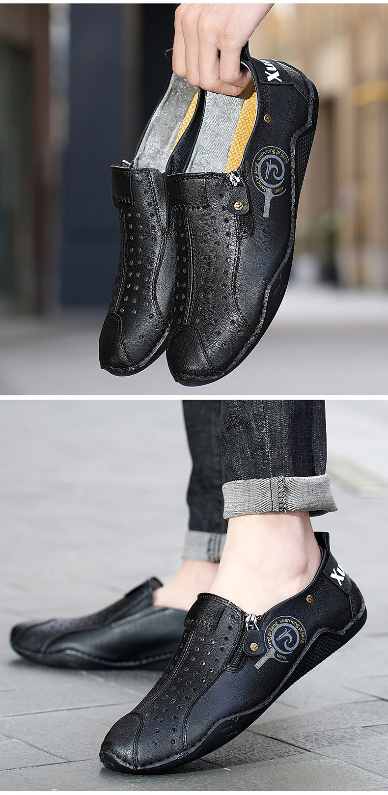 Spring and summer 2024 new oversized perforated breathable casual bean shoes, zipper men's shoes_voghion.com