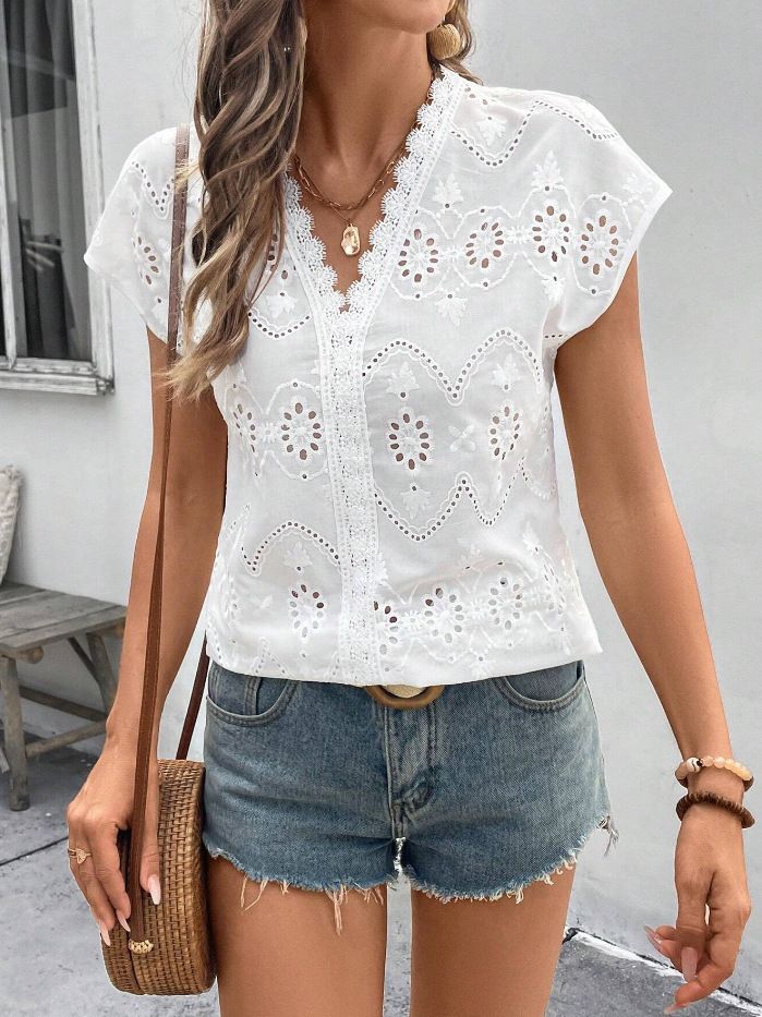 Camisa informal de verano con escote en V y encaje de color liso para mujer_voghion.com