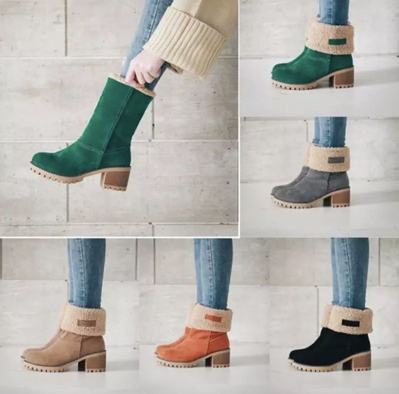 Botas de neve de camurça com salto grosso e cano médio para outono e inverno_voghion.com