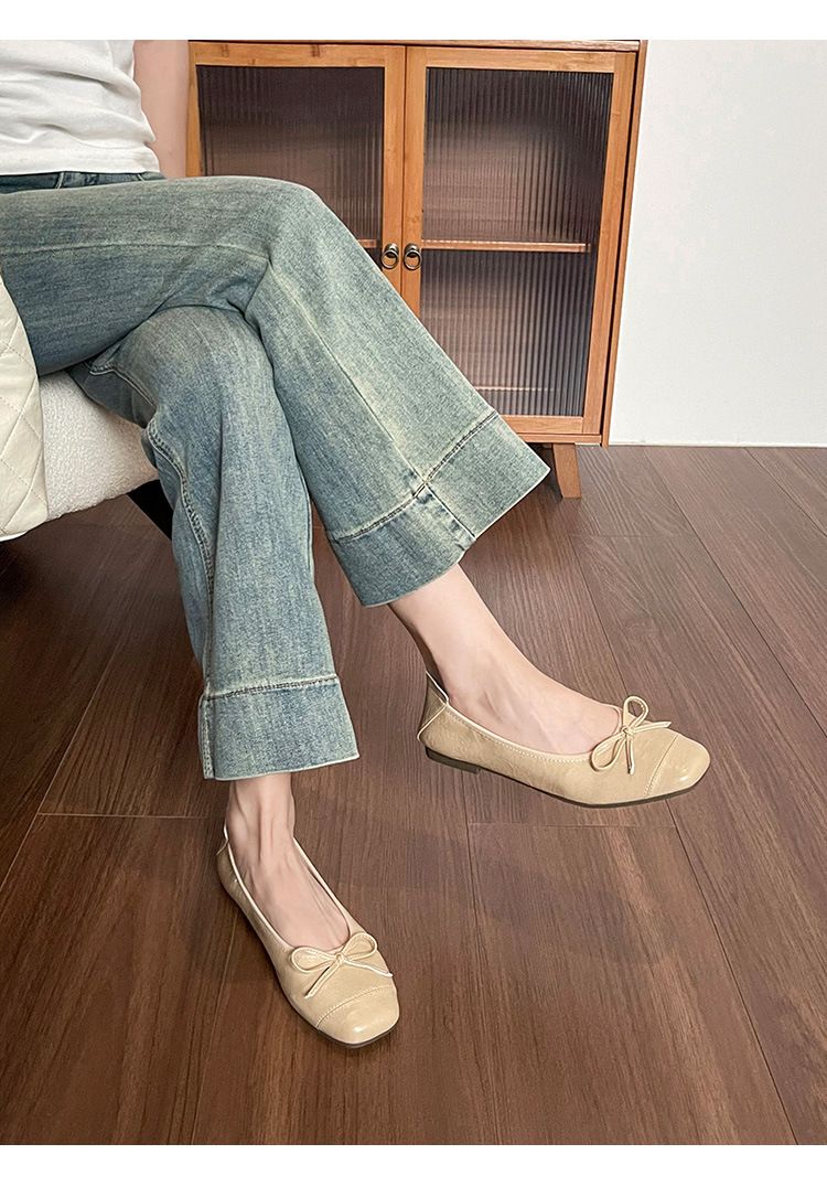 Square Head Bow Ballet Single Shoes Women's Flat-soled Laden Shoes French One-pedal Beanie Shoes_voghion.com