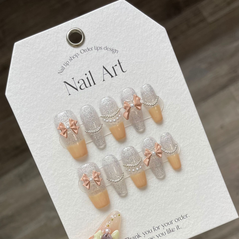 Handgefertigte 10-teilige lange künstliche Nägel, tragbare Ballerina-Kunstnägel, Mond-Schmetterlings-Design, Nagelspitzen, vollständige Abdeckung_voghion.com