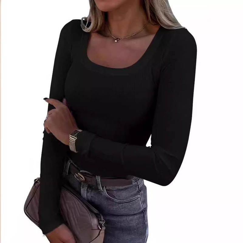 Women's Clothing Long Sleeved Slim Elastic Round Neck Ribbed T Shirt Casual Basic Tops_voghion.com