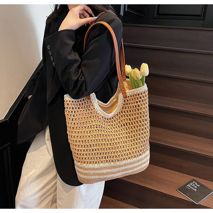 Borsa di paglia Borsa intrecciata Borsa di cotone intrecciata Borsa a tracolla a rete cava da donna Grande capacità Borsa da spiaggia per le vacanze al mare_voghion.com