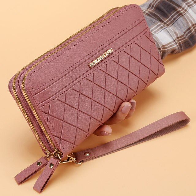 Portafoglio lungo con doppia cerniera per donna Portamonete semplice da donna Portamonete Porta carte Moda retrò di grande capacità_voghion.com