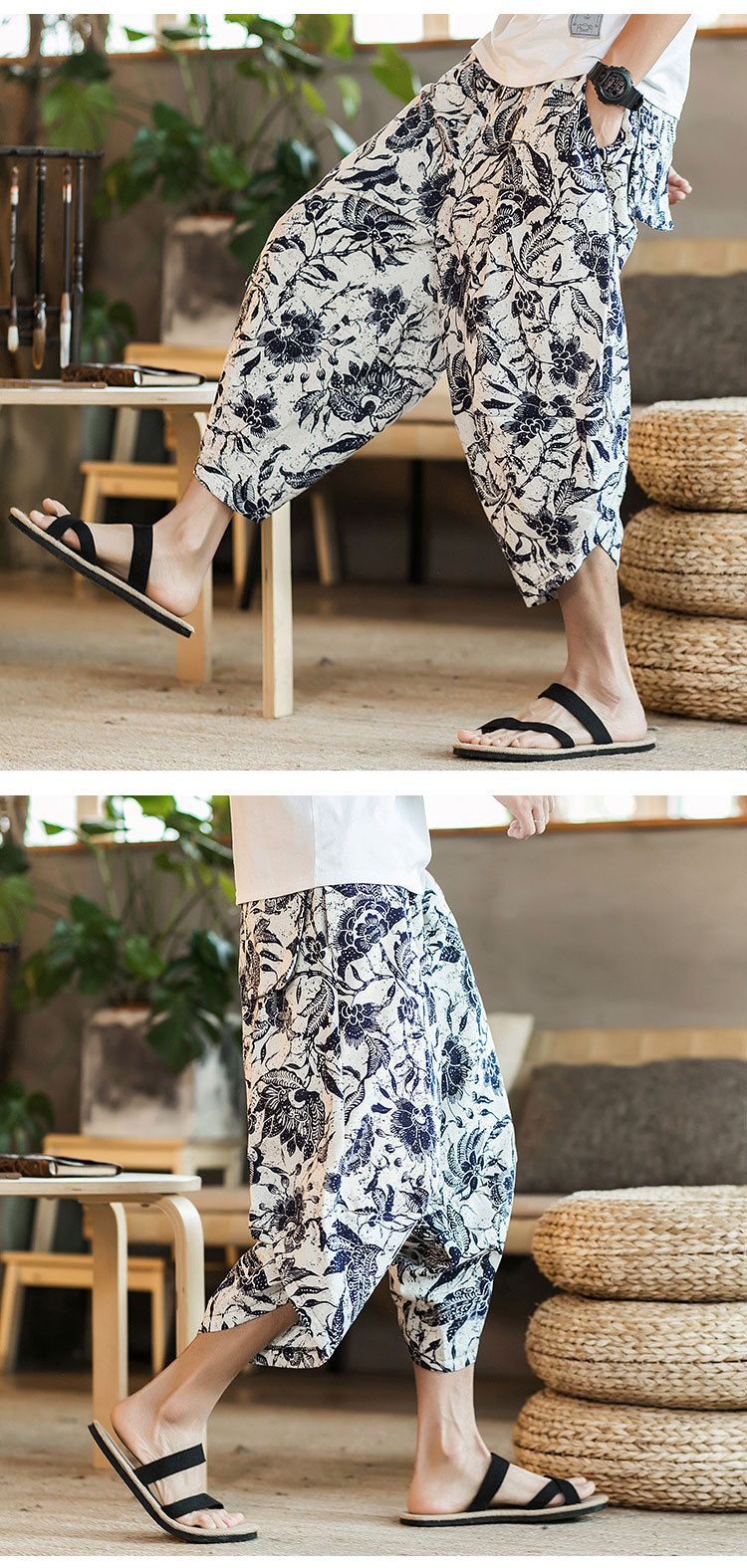 Man's Summer New Beach Pants National Style Floral Thin Section Cotton and Linen Cropped Pants m_voghion.com