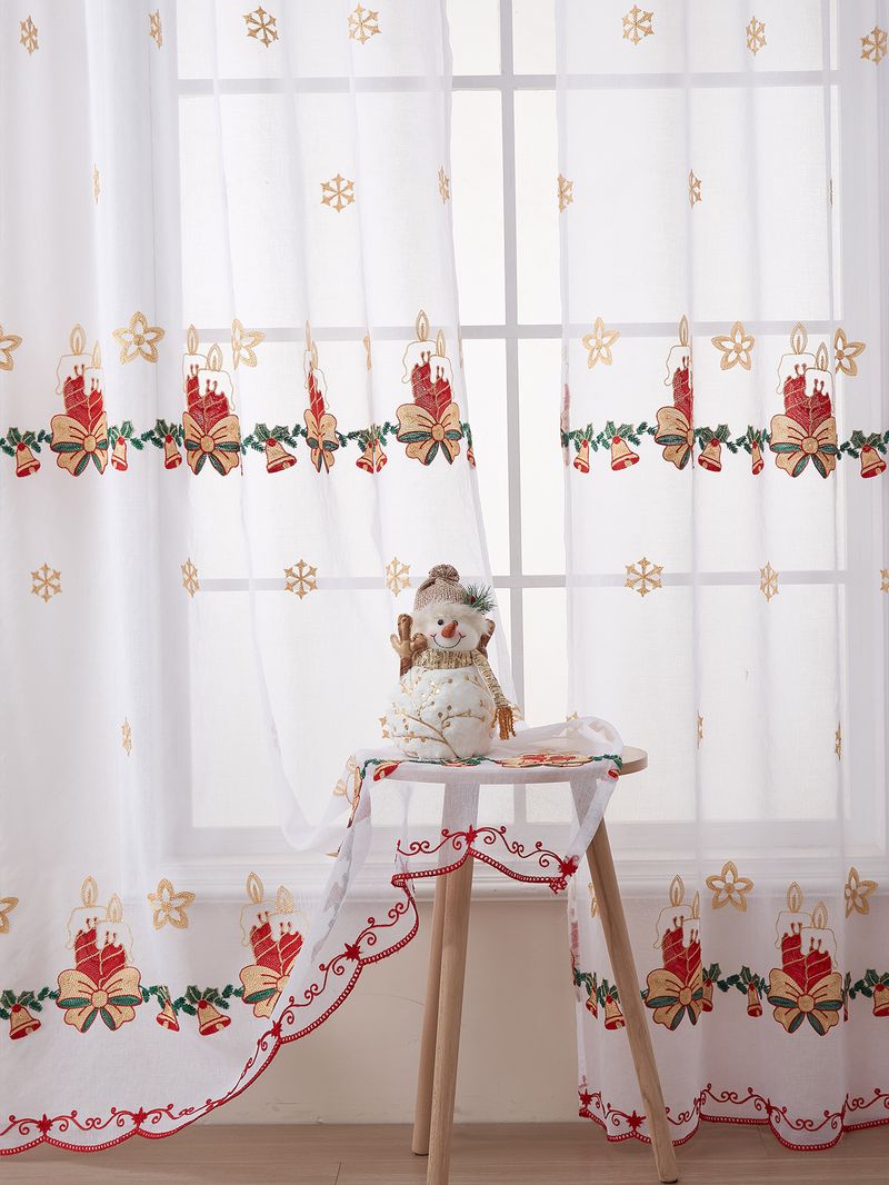 Polyester gordijnen met geborduurde kerstsneeuwvlokken - semi-transparant raampaneel voor woonkamer/slaapkamer (130x214/245cm, roedezak, rood/wit)_voghion.com