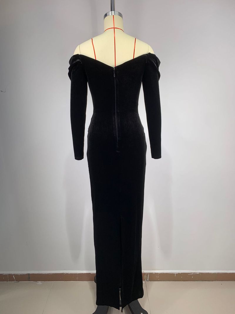 Abito elegante da donna con spalle scoperte, maniche lunghe, vita alta e perline decorate - Abito formale in rete di velluto per donna_voghion.com