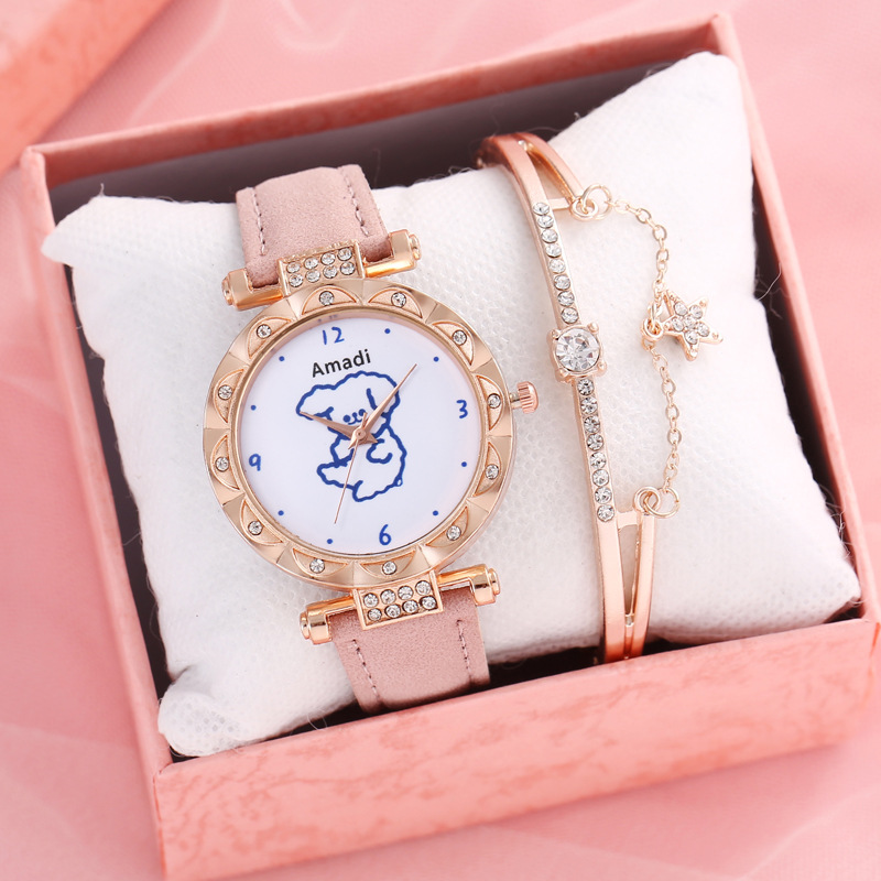 2024 2024 Amadi New Cute Bear Simple Cute Watch+bracelet Gift Box Women's Fashion Quartz Watch_voghion.com