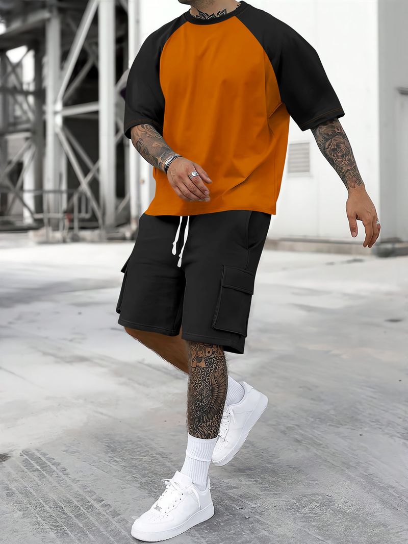 Ensemble 2 pièces pour homme, t-shirt à manches courtes et short cargo décontractés, mélange de polyester respirant, style streetwear, tailles S à XXXL (jaune caramel, gris)_voghion.com