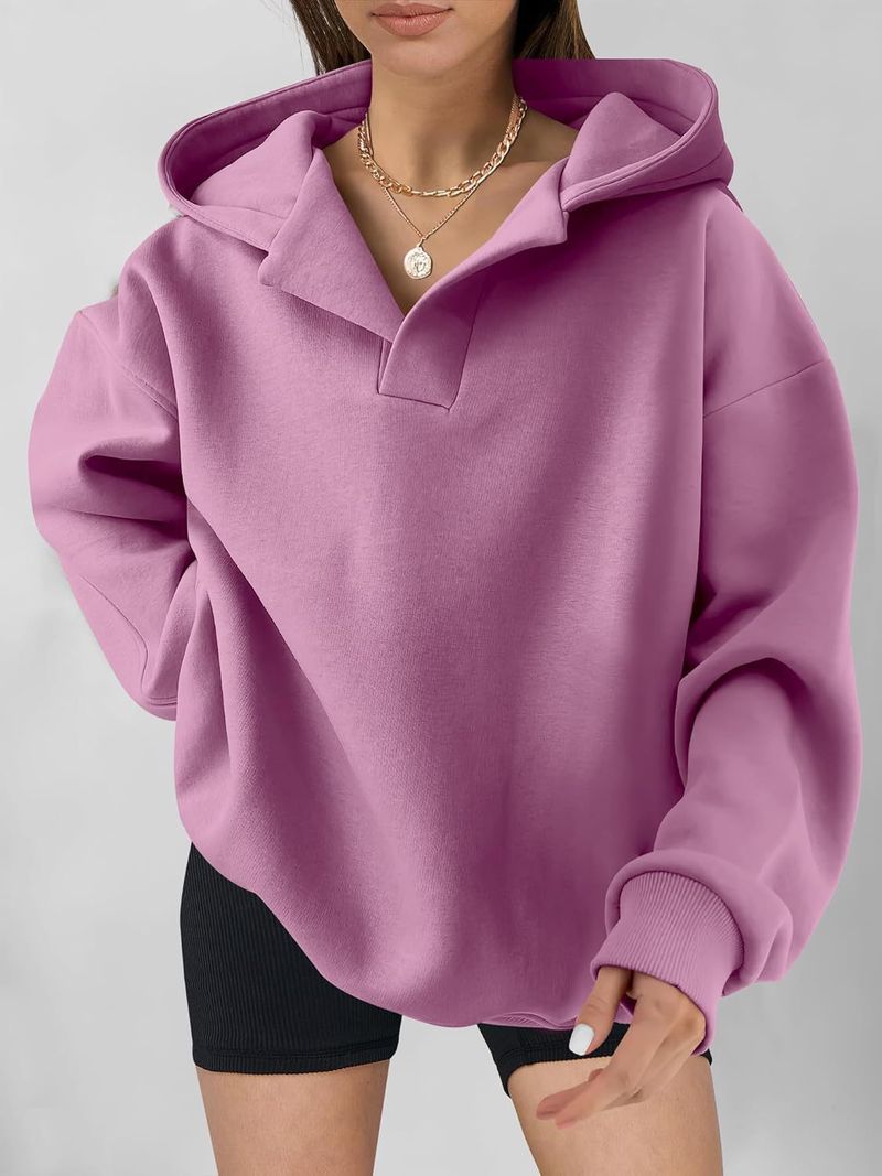 Women's Clothing Sweatshirt Solid Color Long Sleeve Hooded Solid Color Loose Sweater Women's Top_voghion.com