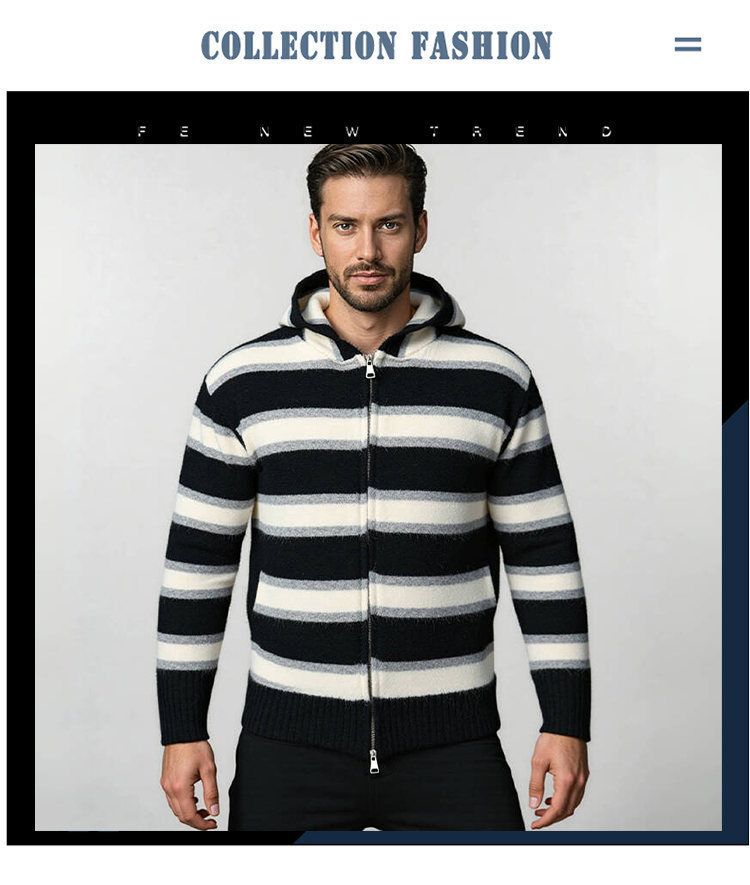 Maglione casual da uomo con cappuccio a righe spesse - Pullover in morbida maglia con orlo a coste, vestibilità ampia, maniche lunghe per autunno e inverno_voghion.com