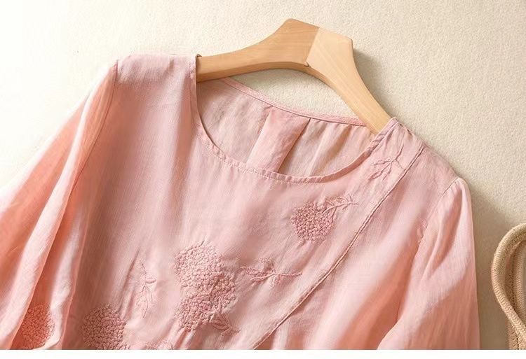 Maglietta da donna in cotone e lino, tinta unita, con ricami vintage, girocollo, ampia e piccola_voghion.com