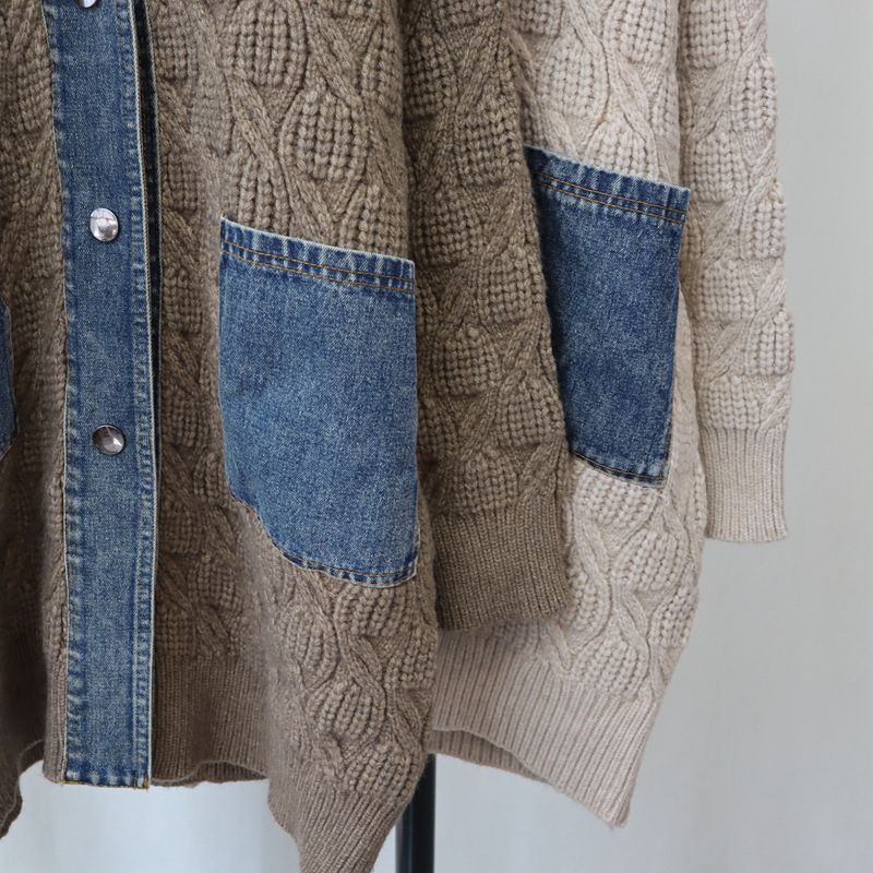 Cardigan lungo in maglia di jeans con cuciture larghe, stile casual, per donna, autunno e inverno, nuovo coreano_voghion.com