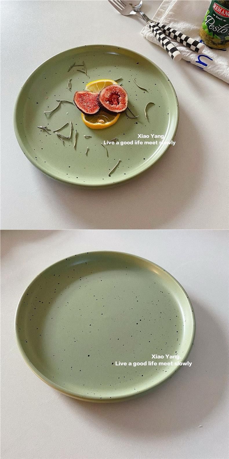 Plate Ins High Value Ceramic Ink Splashing Plate Retro Green Avocado Green Ink Dot Plate Steak Western Plate Home Plate_voghion.com