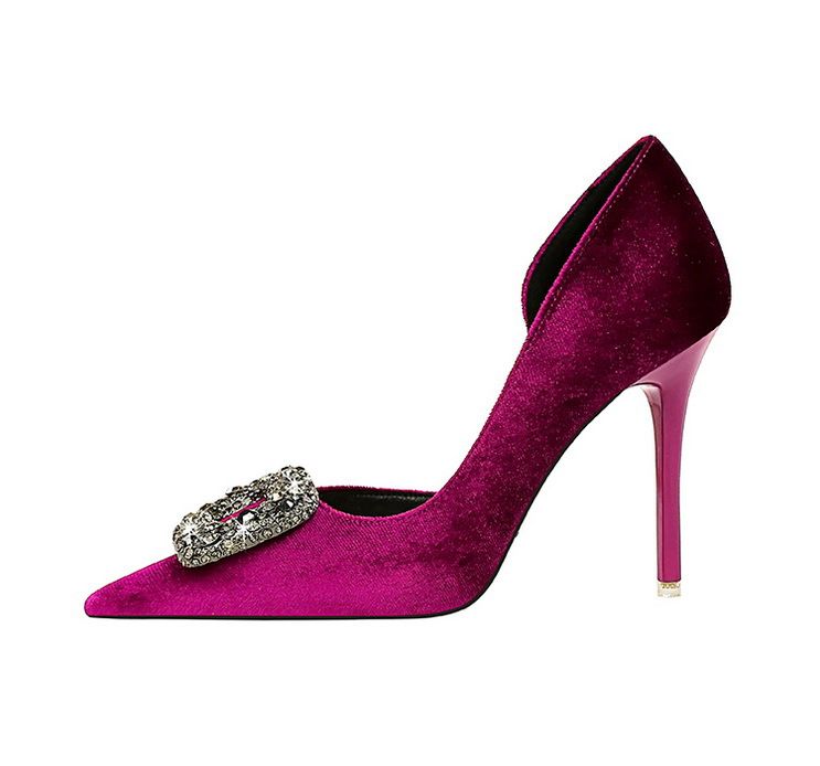 1363-K83 Bankett Dünne Absätze Verdicktes Wildleder Spitz Seitlich Hohl Metall Wasser Diamant Schnalle Ultra High Heel Einzelschuhe_voghion.com