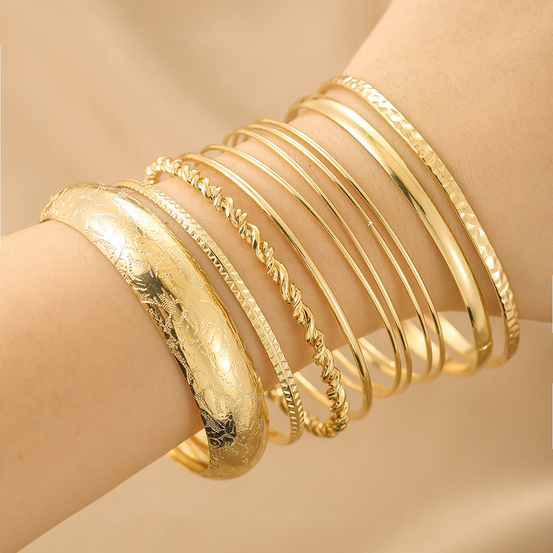 National Style New Bracelet Personality Exaggerated Bohemian Style Water Ripple Smooth Stacking Bracelet Ten Piece Set_voghion.com