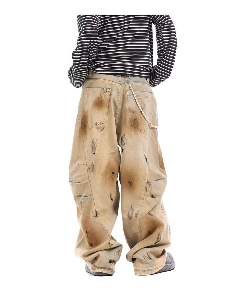 Men's Distressed Patchwork Denim Pants – Post-Apocalyptic Wide-Leg Jeans (High Waist, Button Fly, Lightweight)_voghion.com