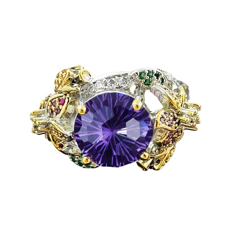 Italienischer zweifarbiger Goldring mit handgefertigtem, eingelegtem Feuerwerksschliff-Diamant in Lila für Frauen mit buntem Blumenedelstein_voghion.com