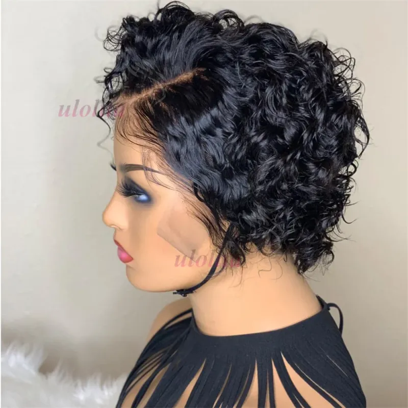 Kurze verworrene lockige Perücke aus menschlichem Haar mit Spitzenfront, Pixie-Schnitt, Perücke aus menschlichem Haar, 13 x 4 Spitzenfront, natürliche brasilianische Haarperücken für Frauen_voghion.com