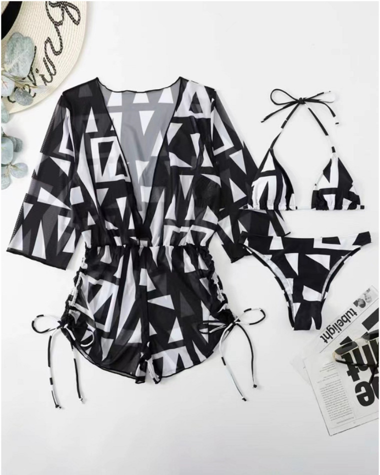 Verve 2025 Long Sleeve Three-Piece Set Mesh Waist Drawstring Printed Two-Piece Bikini Swimsuit For Women_voghion.com