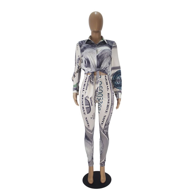 Damenbekleidung Damen Casual Fashion US Dollar Print Schnürhose mit langen Ärmeln Zweiteiliger Anzug_voghion.com